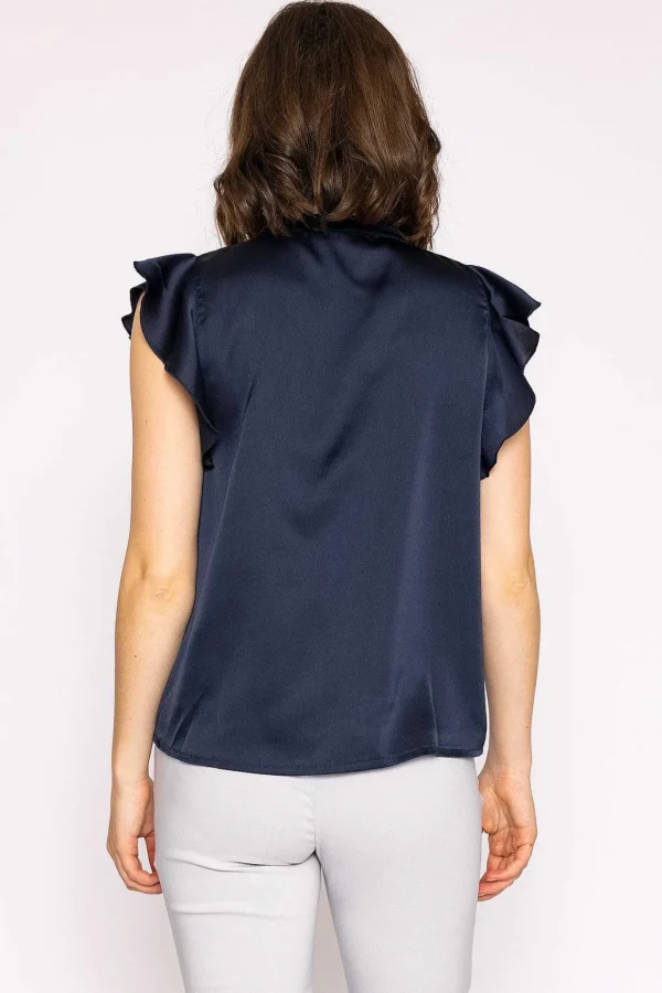 Ruffle Satin Shirt In Navy