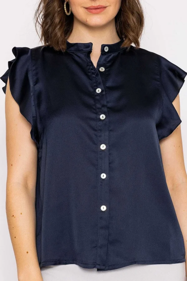 Ruffle Satin Shirt In Navy