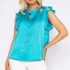 Ruffle Satin Shirt In Teal