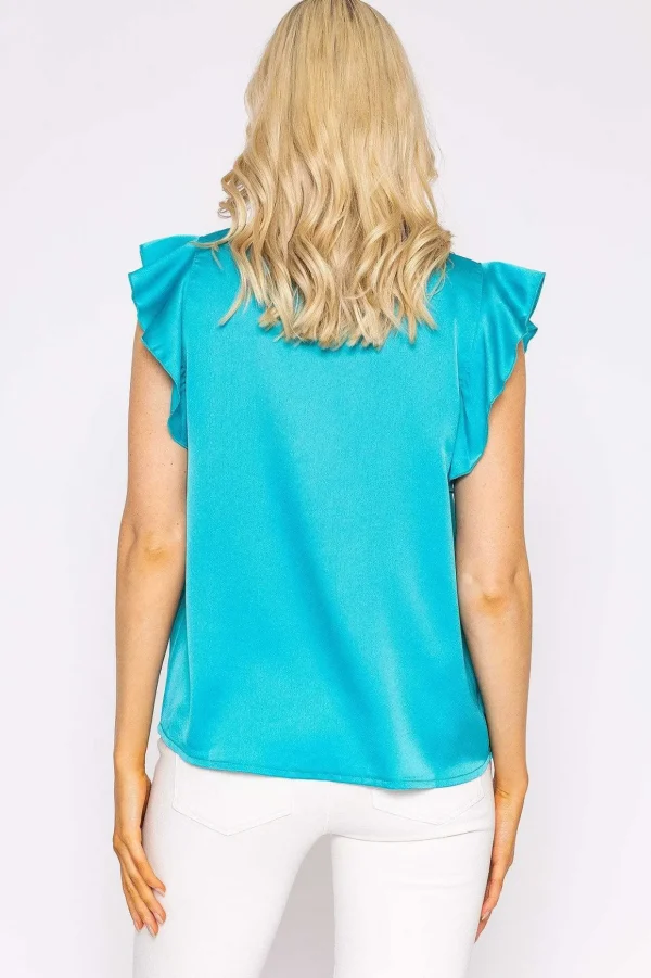 Ruffle Satin Shirt In Teal