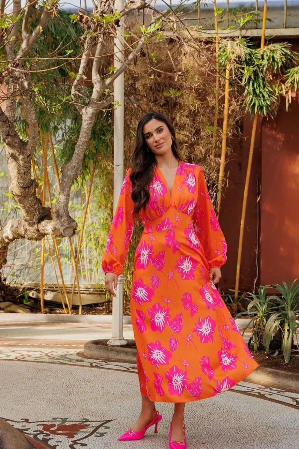 Sateen Cliodhna Midi Dress In Orange