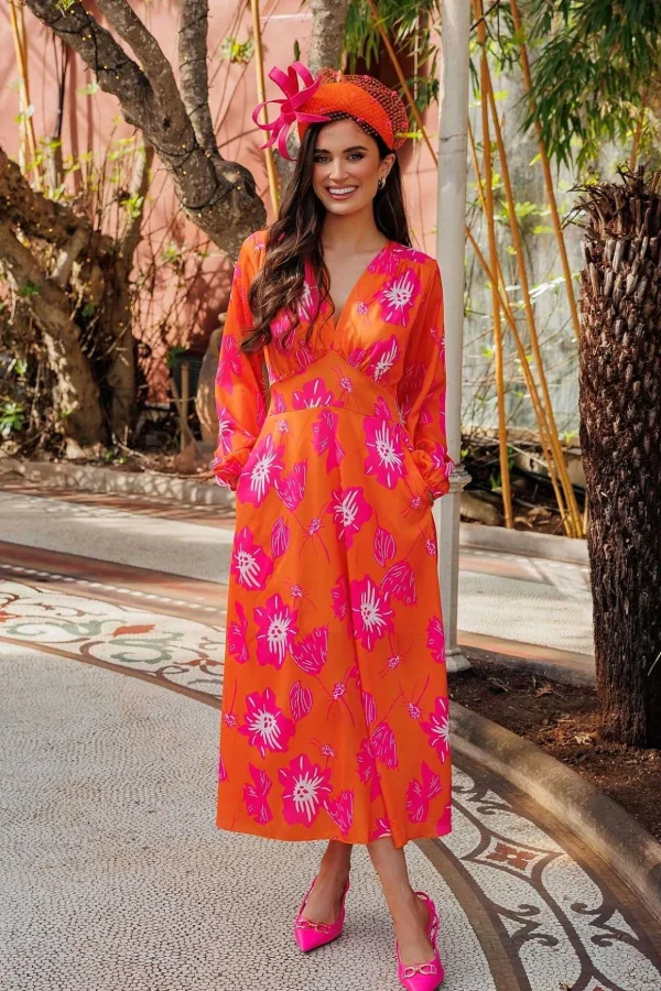 Sateen Cliodhna Midi Dress In Orange