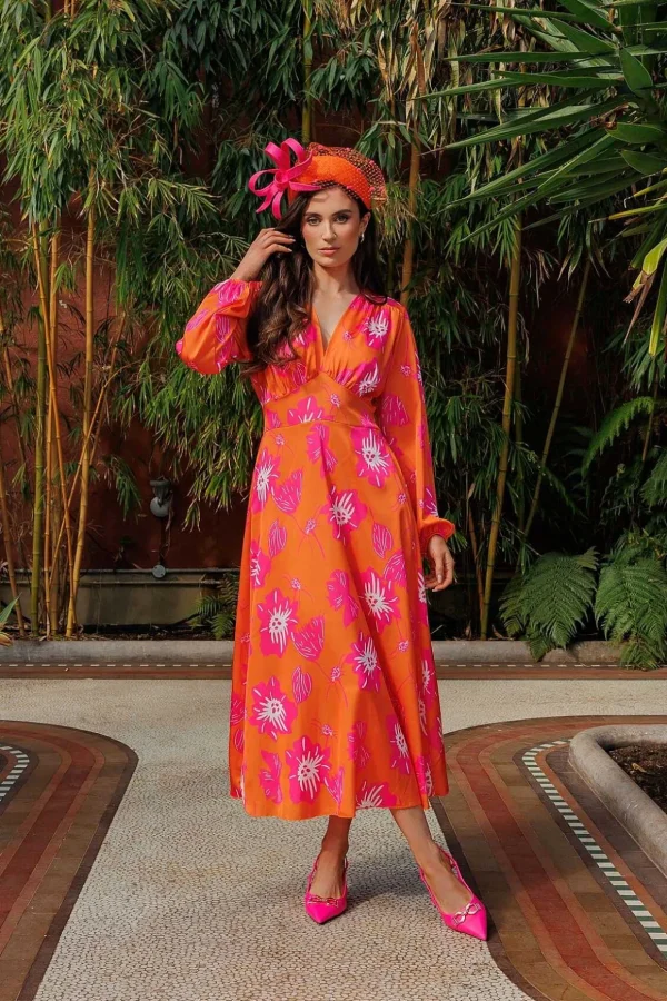 Sateen Cliodhna Midi Dress In Orange