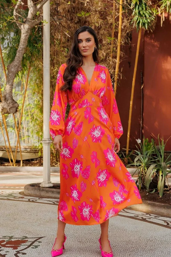 Sateen Cliodhna Midi Dress In Orange