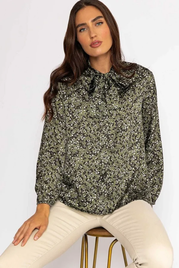 Sateen Pussybow Blouse In Khaki