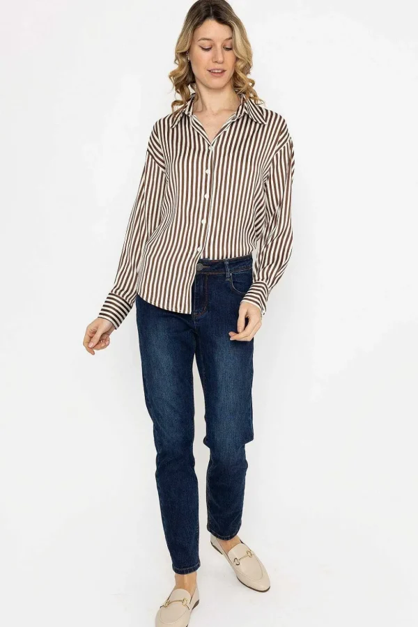Satin Stripe Shirt In Brown