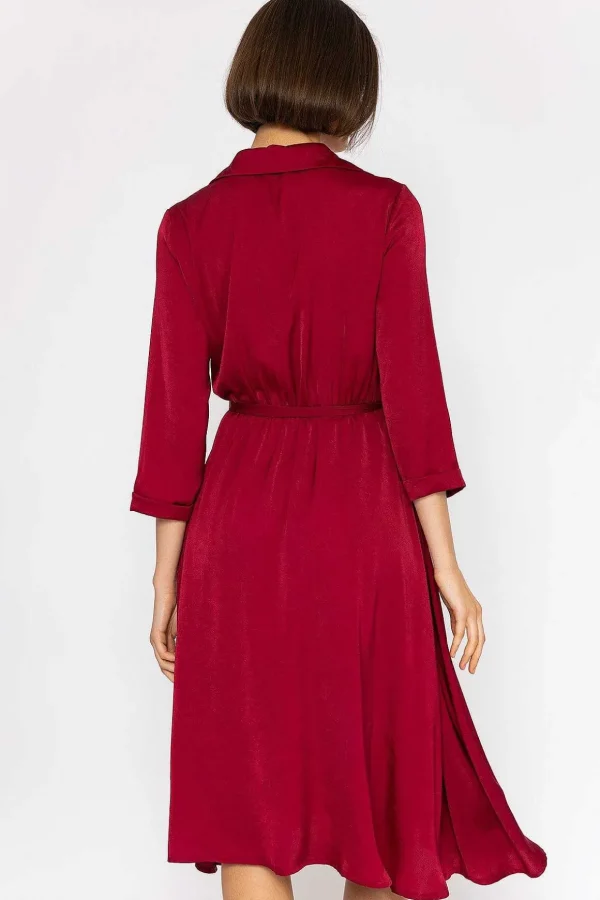 Satin V-Neck Dress In Burgundy