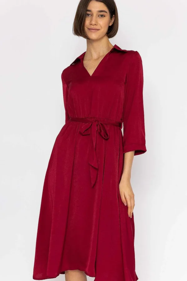 Satin V-Neck Dress In Burgundy