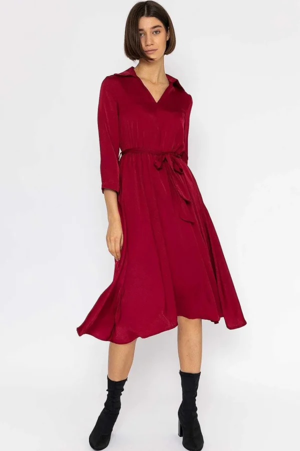 Satin V-Neck Dress In Burgundy