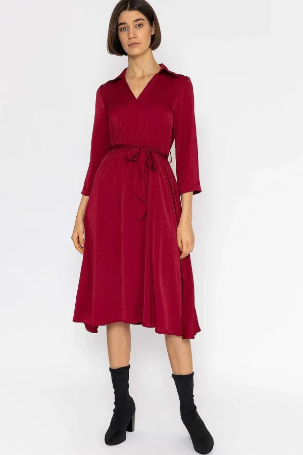 Satin V-Neck Dress In Burgundy