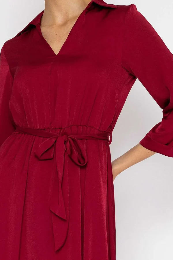 Satin V-Neck Dress In Burgundy