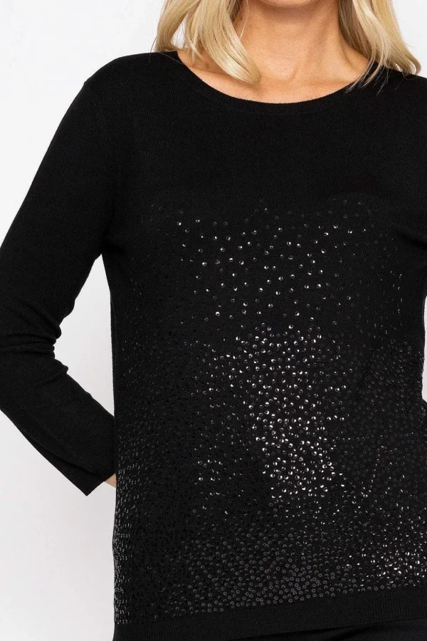 Sequin Crew Neck 3/4 Sleeve Knit In Black