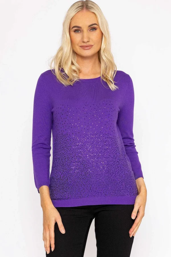 Sequin Crew Neck 3/4 Sleeve Knit In Purple