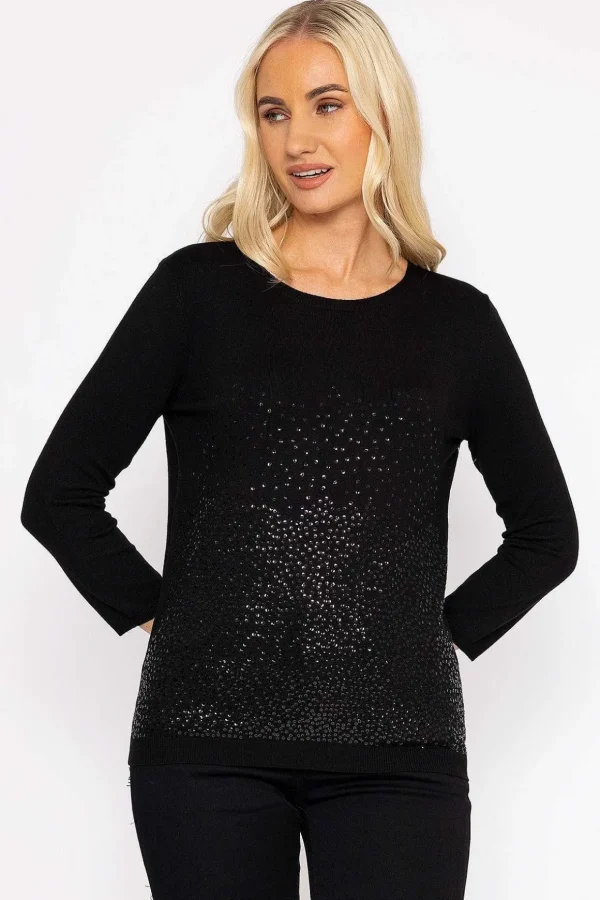 Sequin Crew Neck 3/4 Sleeve Knit In Black