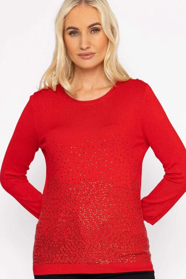 Sequin Crew Neck 3/4 Sleeve Knit In Red