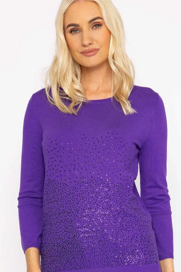 Sequin Crew Neck 3/4 Sleeve Knit In Purple