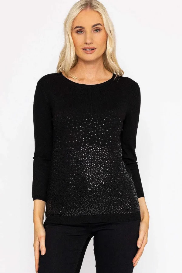 Sequin Crew Neck 3/4 Sleeve Knit In Black
