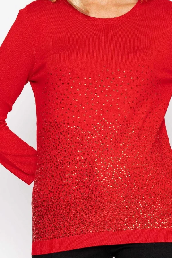 Sequin Crew Neck 3/4 Sleeve Knit In Red