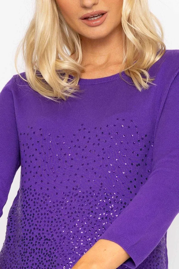Sequin Crew Neck 3/4 Sleeve Knit In Purple