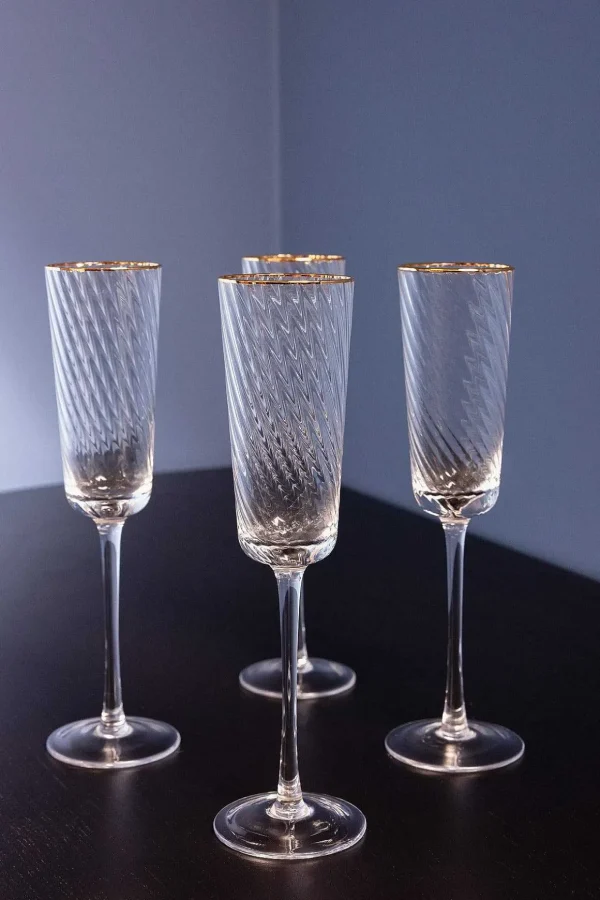 Set Of 4 Gold Trimmed Champagne Flutes
