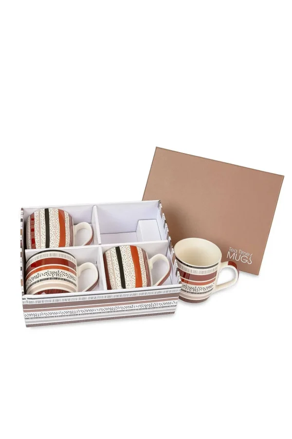 Set Of 4 Striped Brown Mugs