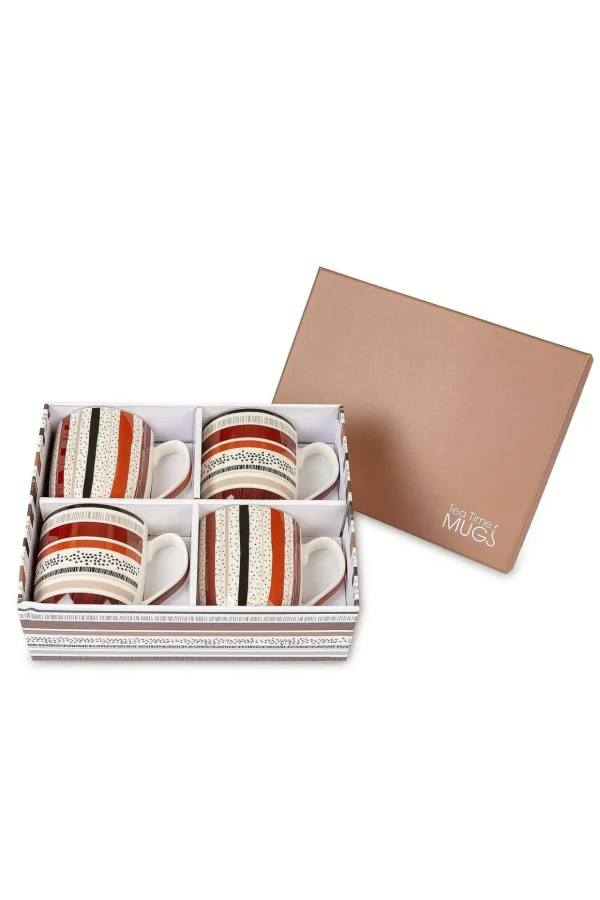 Set Of 4 Striped Brown Mugs