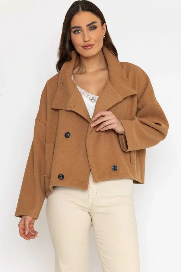 Short Funnel Neck Jacket In Camel