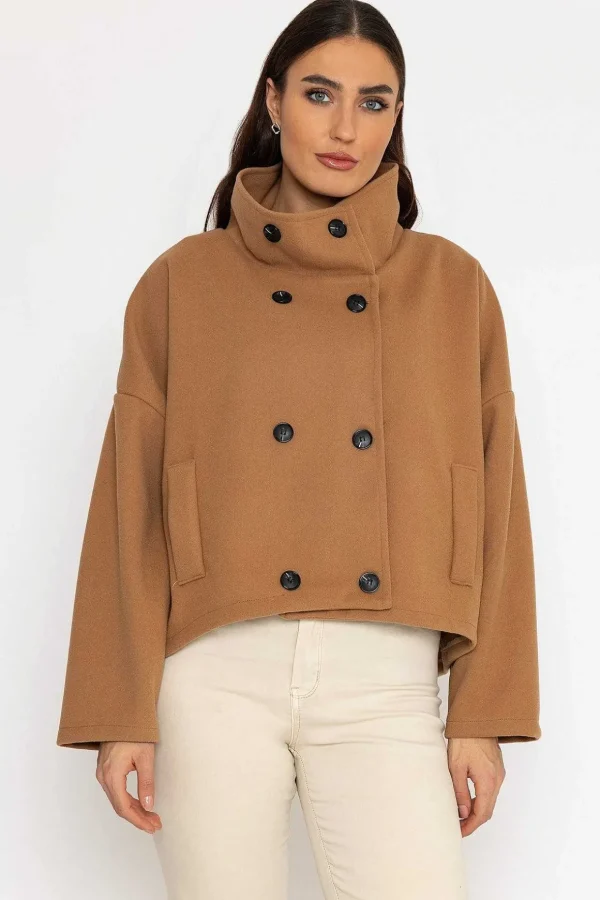 Short Funnel Neck Jacket In Camel