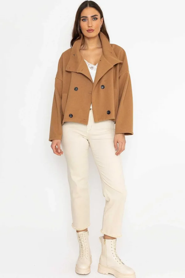 Short Funnel Neck Jacket In Camel