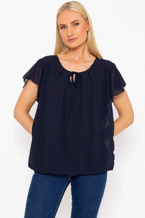 Short Sleeve Plain Blouse In Navy