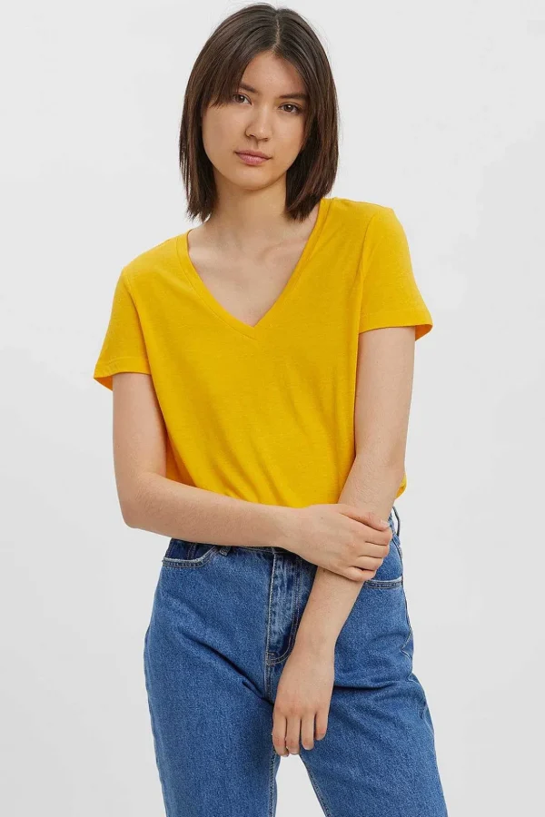 Short Sleeve V-Neck Top In Yellow