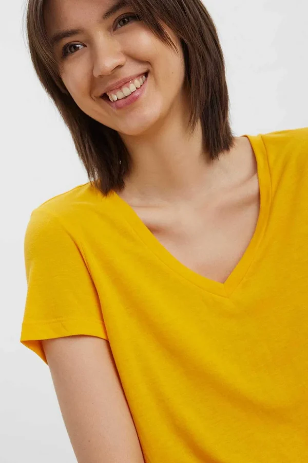 Short Sleeve V-Neck Top In Yellow