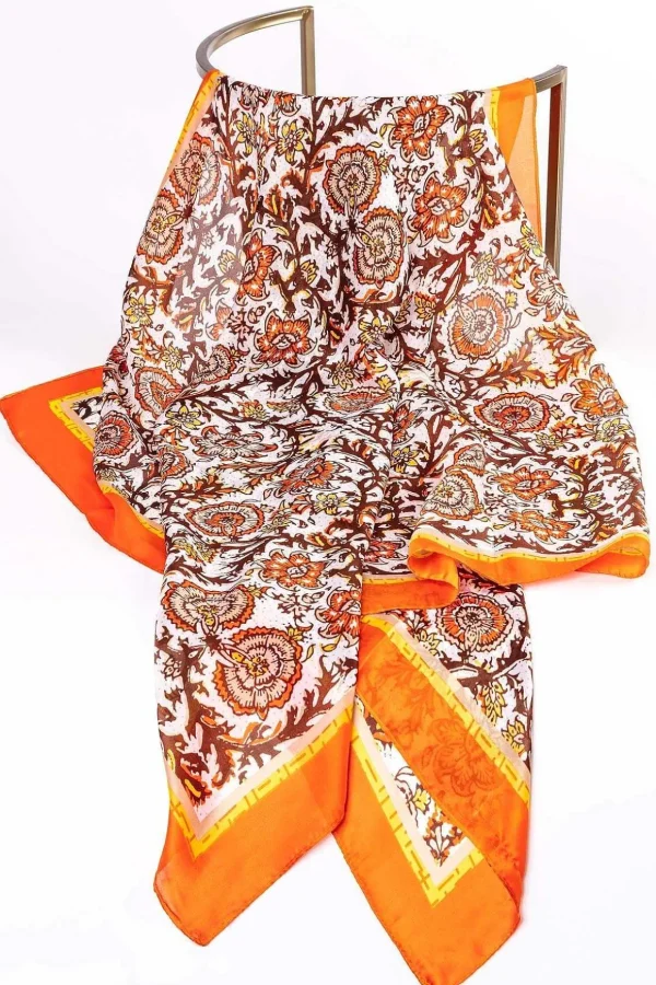 Silk Blend Floral Scarf In Orange
