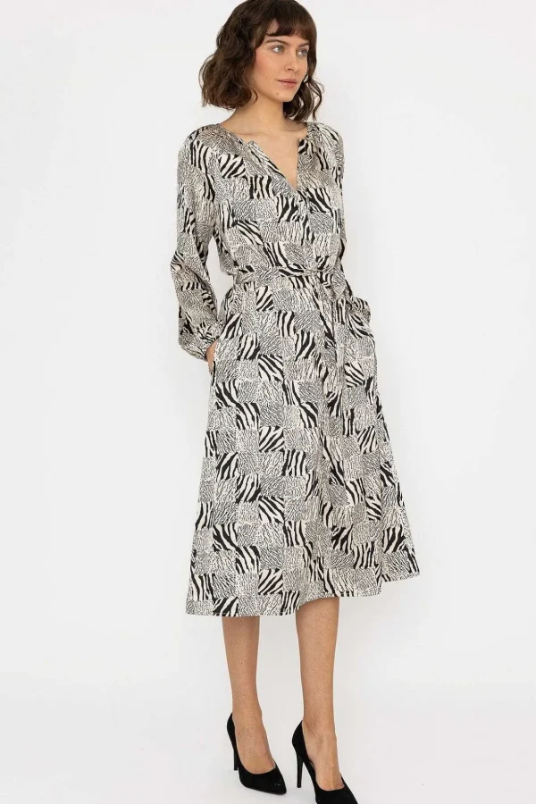 Silky V Neck Midi Dress In Mono Print