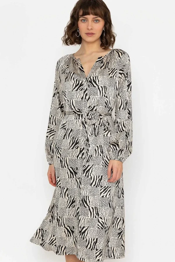 Silky V Neck Midi Dress In Mono Print