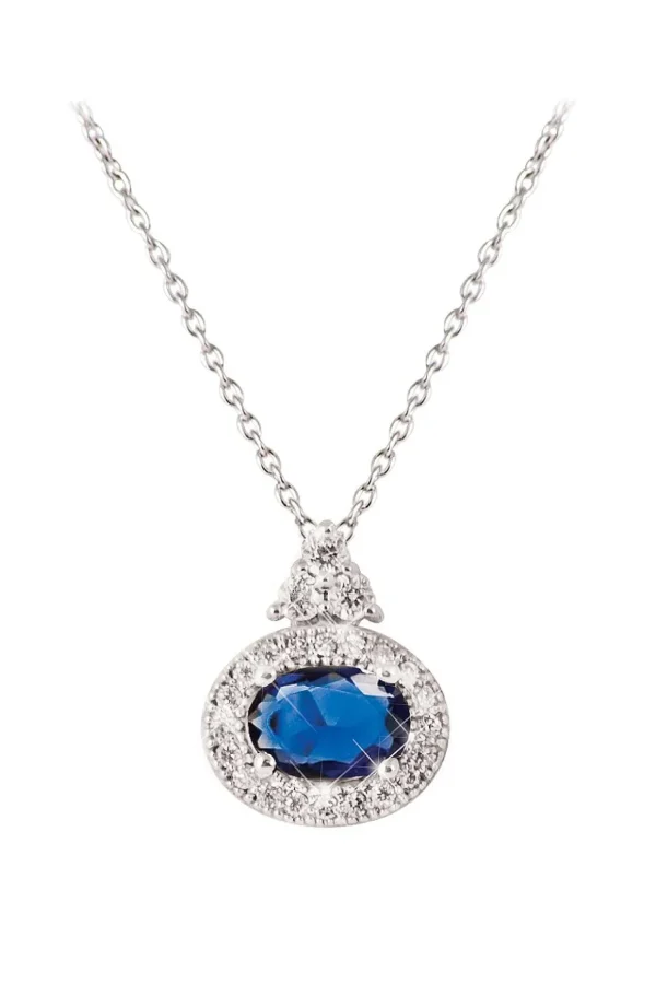 Silver Oval Sapphire White Surround Pendant