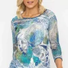 3/4 Sleeve Printed Round Neck Top In Aqua