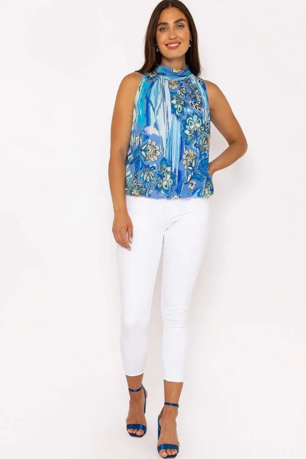 Sleeveless Halter Top In Blue Print