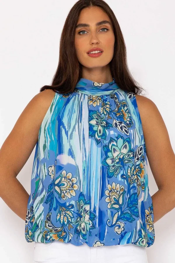 Sleeveless Halter Top In Blue Print