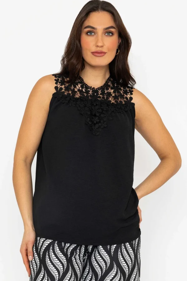 Sleeveless Lace Detail Top In Black