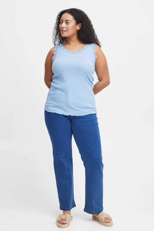 Sleeveless Lace Trim Blue Top