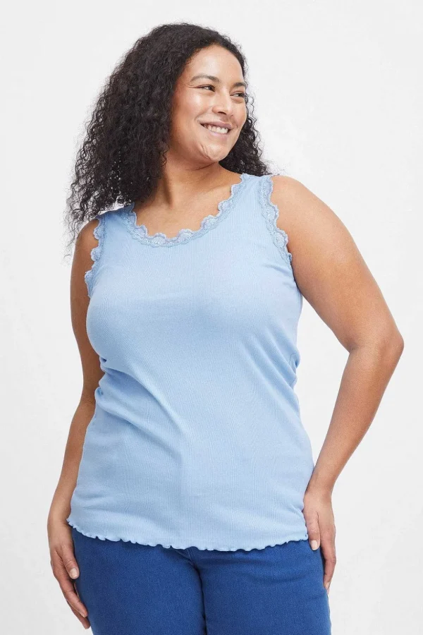 Sleeveless Lace Trim Blue Top