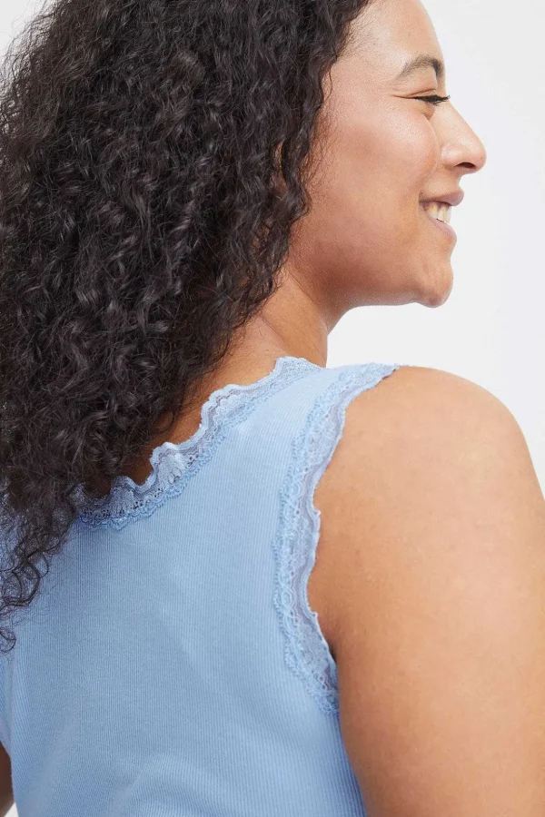 Sleeveless Lace Trim Blue Top