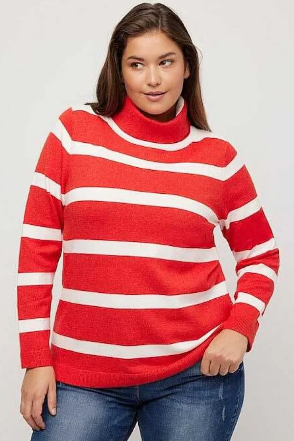 Stripe Fine Knit Turtleneck Sweater In Red