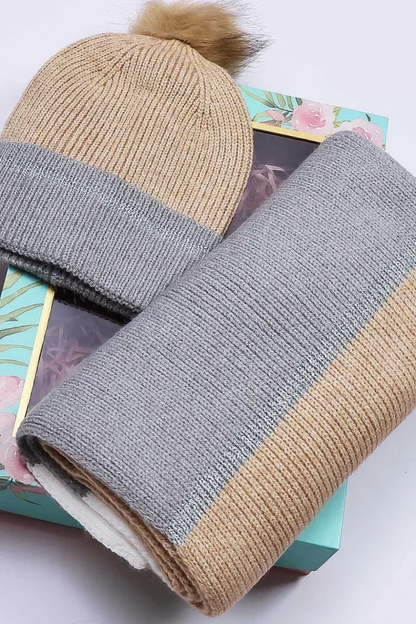 Stripe Panel Scarf And Beanie In Camel