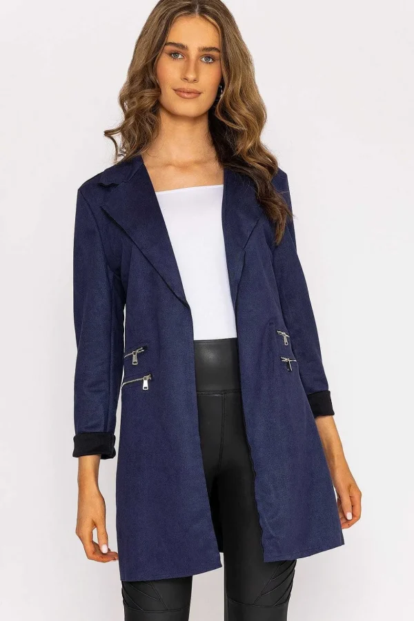 Suede Zip Detail Jacket In Navy