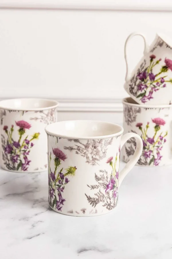 Thistle White Bone China Set Of 4 Mugs