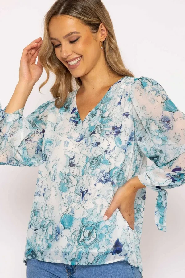 Tie Sleeve Blouse In Blue Print