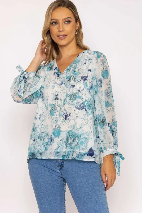 Tie Sleeve Blouse In Blue Print