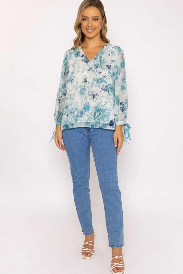 Tie Sleeve Blouse In Blue Print